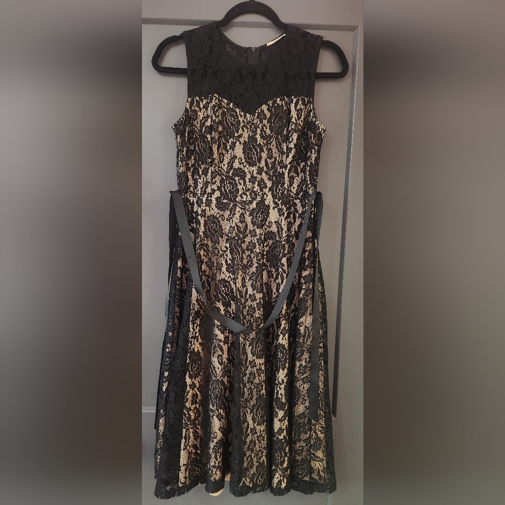 Soprano Black Lace Midi Dress with Nude Underlay (Large)